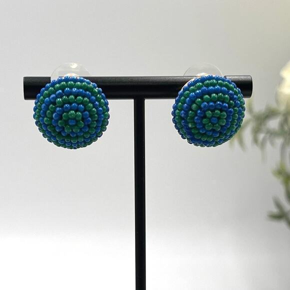J. Crew Blue Green Seed Beaded Small Round Button Stud Earrings - Picture 1 of 8